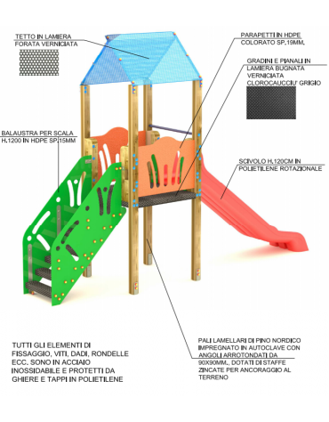 Torre con scivolo in polietilene rotazionale, scala e pianale in lamiera - cm 117x456x330h