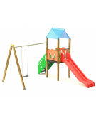 Torre con pali in legno e scivolo in polietilene rotazionale, scala e pianale in lamiera - Altalena 1 posto - cm 394x425x330h