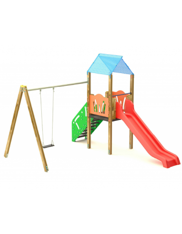 Torre con pali in legno e scivolo in polietilene rotazionale, scala e pianale in lamiera - Altalena 1 posto - cm 452x425x330h