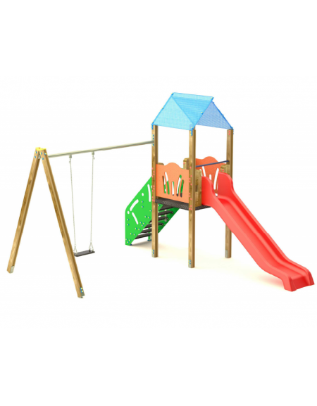 Torre con pali in legno e scivolo in polietilene rotazionale, scala e pianale in lamiera - Altalena 1 posto - cm 452x425x330h