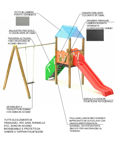 Torre con pali in legno e scivolo in polietilene rotazionale, scala e pianale in lamiera - Altalena 1 posto - cm 452x425x330h