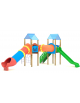 Mini villaggio con arrampicata, 2 torri e 2 scivoli di cui 1 a tunnel, scala e pianale in lamiera bugnata - cm 695x663x360h