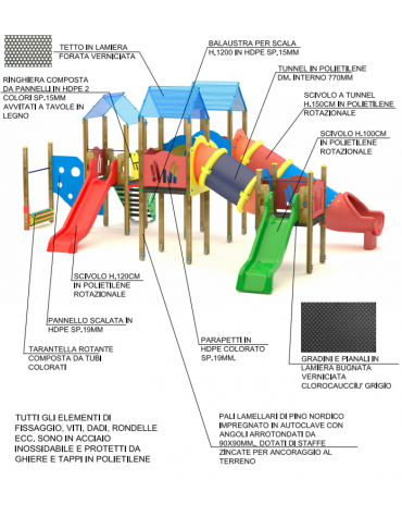 Maxi Villaggio attrezzato, 3 torri e 3 scivoli di cui 1 a tunnel - cm 857x668x360h