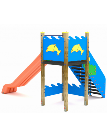 Torre senza tetto con scivolo in polietilene rotazionale - pali in legno di pino nordico - cm 252x374x250h