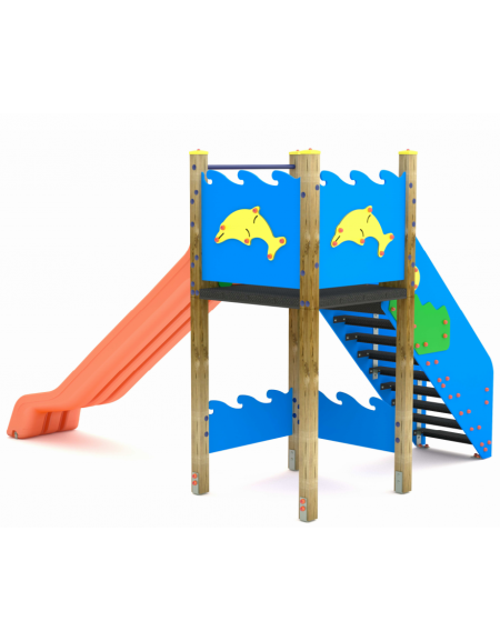 Torre senza tetto con scivolo in polietilene rotazionale - pali in legno di pino nordico - cm 252x374x250h