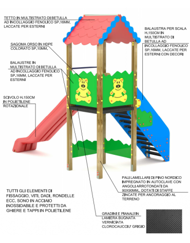 Torre con scivolo in polietilene rotazionale e tetto - cm 261x380x360h