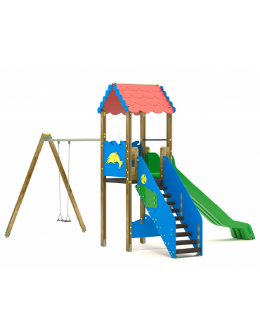 Torre con scivolo in polietilene rotazionale e tetto, 1 altalena - cm 588x483x360h