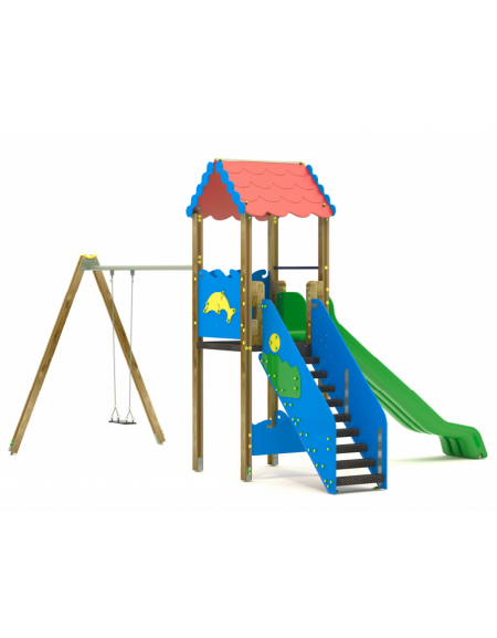 Torre con scivolo in polietilene rotazionale e tetto, 1 altalena - cm 588x483x360h