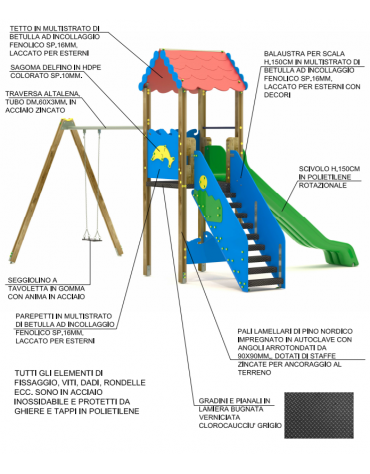 Torre con scivolo in polietilene rotazionale e tetto, 1 altalena - cm 530x483x360h