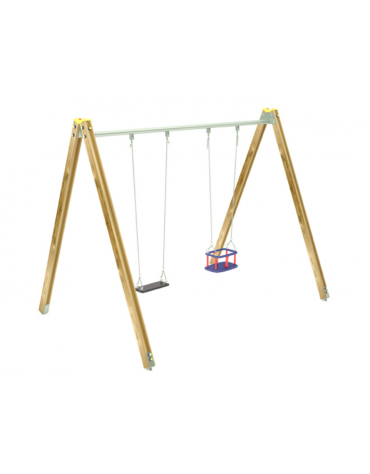 Altalena struttura in legno di pino nordico con 1 seggiolino a cestello e 1 a tavoletta - cm 376x227x255h