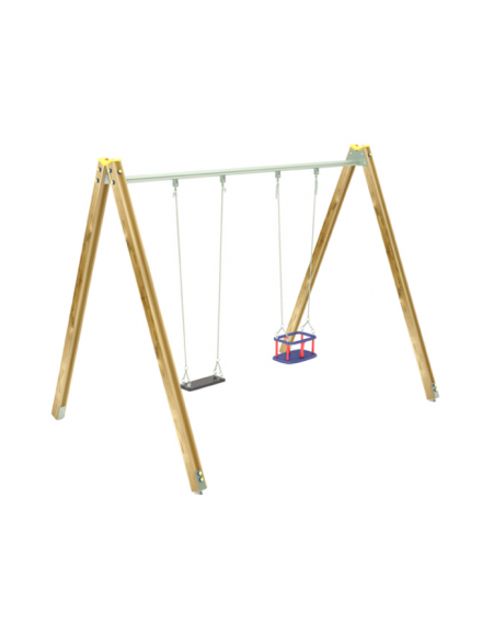 Altalena struttura in legno di pino nordico con 1 seggiolino a cestello e 1 a tavoletta - cm 376x227x255h
