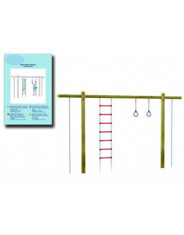 Struttura con anelli, scala e corda con pali in legno lamellare e calotta in plastica - cm 454x21x262h