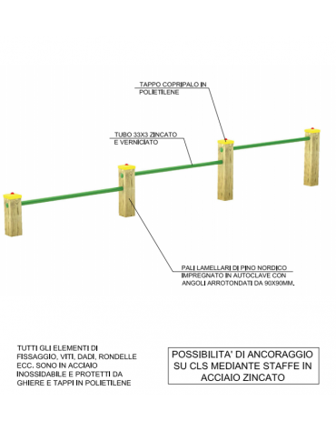 Attrezzo per piegamenti sulle braccia per esercizi  ginnici con pali in legno lamellare e calotta in plastica - cm 310x10x52h