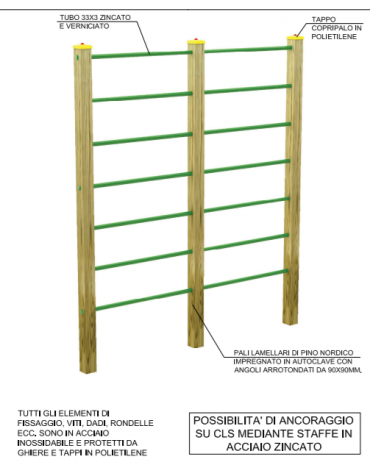Struttura arrampicata per esercizi  ginnici con pali in legno lamellare e calotta in plastica - cm 210x10x242h