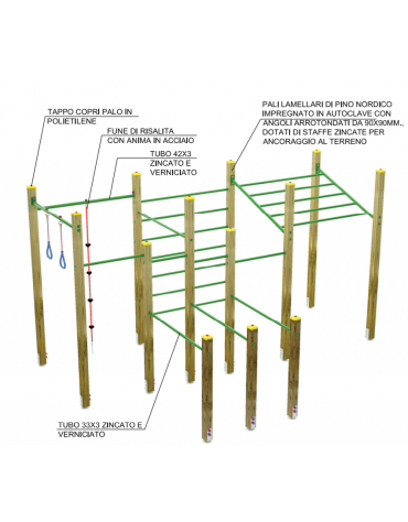 Palestra costruita con pali lamellare e tubi in acciaio zincato e verniciato - cm 460x310x253h