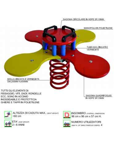 Gioco a molla quadrifoglio con sagoma in polietilene HDPE ad alta densità - cm 107x107x57h