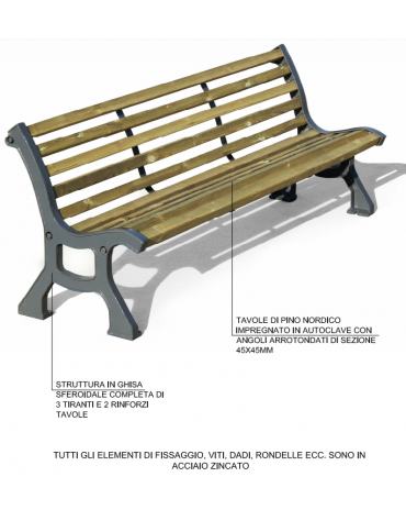 Panchina Queen Victoria per parco, 2 robusti fianchi in ghisa sferoidale, 10 doghe di pino nordico - cm 204x51x72h