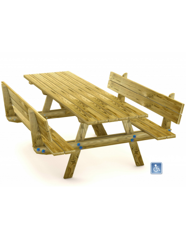 Tavolo Pic-nic per carrozzina con schienale, totalmente in legno di pino nordico - cm 250x178x87h