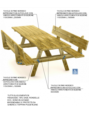 Tavolo Pic-nic per carrozzina con schienale, totalmente in legno di pino nordico - cm 250x178x87h