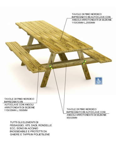 Tavolo pic-nic per carrozzina, totalmente in legno di pino nordico - cm 250x150x74h