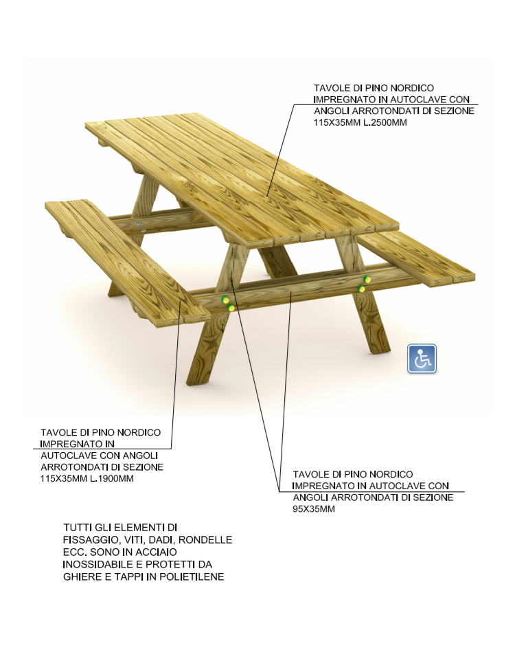 Tavolo pic-nic con schienali, totalmente in legno di pino nordico - cm  190x178x87h 