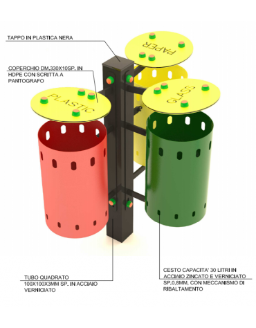 Cestino differenziata a 3 cesti in acciaio zincato verniciato con coperchio - capacità 30 litri a cesto - cm 85x58x100h