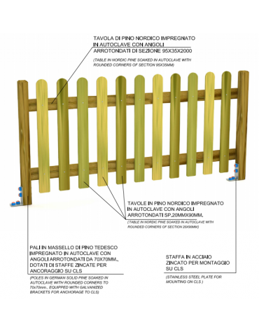 Steccato inglese doghe in pino piantone lamellare - cm 200x11x100h
