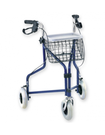 Deambulatore da passeggio in acciaio blu, dall'altezza regolabile, 3 ruote di cui 2 con freno, portata: 100 kg