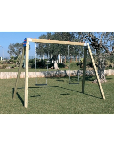 Altalena in legno da giardino per bambini 2 posti - N° 1 Sedile piano e N° 1 Sedile in gabbia - cm 155x345x225 h