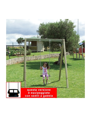 Altalena in legno 1 posto con sedile a gabbia in gomma e trave superiore in legno - Da interrare - cm 205x150x210h