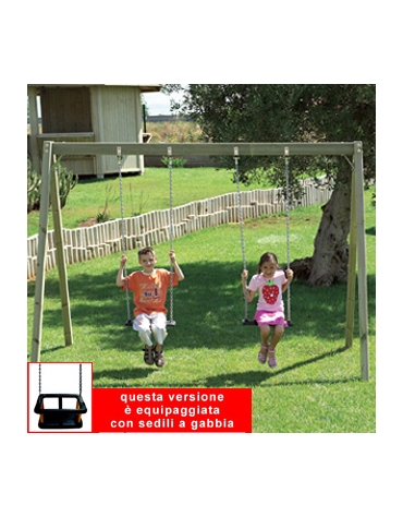 Altalena in legno 2 POSTI con sedili a gabbia in gomma e trave superiore in legno - cm 290x150x210h