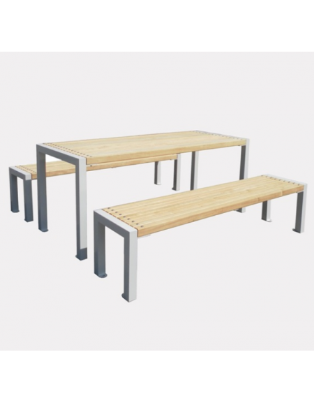 Set composta da tavolo + 2 panchine, in acciaio zincato e verniciato, seduta e piano in legno di pino - cm 1800x171,4x78h