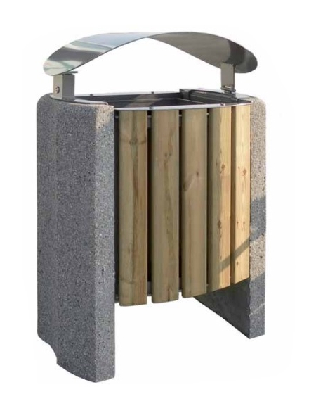 Cestino portarifiuti con coperchio , doghe in legno di pino e fianchi in cemento - cm 73x53,7x97,2h