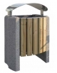 Cestino portarifiuti con coperchio , doghe in legno di pino e base in cemento - cm 73x54x75h