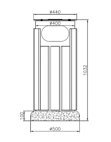 Cestino di forma cilindrica in acciaio zincato e verniciato con doghe in legno,con base in cemento - cm Ø 40x103,2h