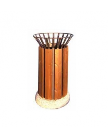 Cestino portarifiuti forma cilindrica acciaio zincato e verniciato, doghe in legno di pino , base in cemento - cm Ø57x94,5h