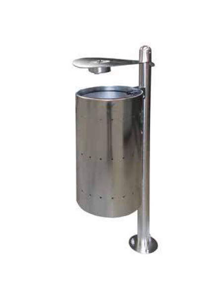 Cestino portarifiuti con paletto da tassellare, in acciaio inox, coperchio con posacenere - cm 34x49x123,3h