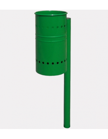 Cestino portarifiuti in acciaio zincato e verniciato, di forma cilindrica e paletto per il fissaggio al suolo - cm 49x37x128h
