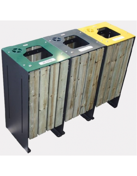 Cestone per la raccolta differenziata a 2 settori in acciaio con doghe in legno di pino - cm 45x45x100h cad.