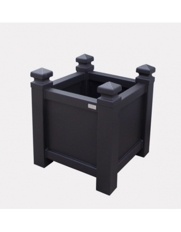 Fioriera a forma quadrata in tubolare quadro con decori, ricavati da torneria e traversi in tubo quadro - cm 50x50x60h