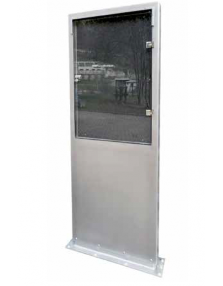 Bacheca bifacciale  in acciaio inox, con superfici espositive e ante in vetro - Da tassellare - cm 90x204,3h