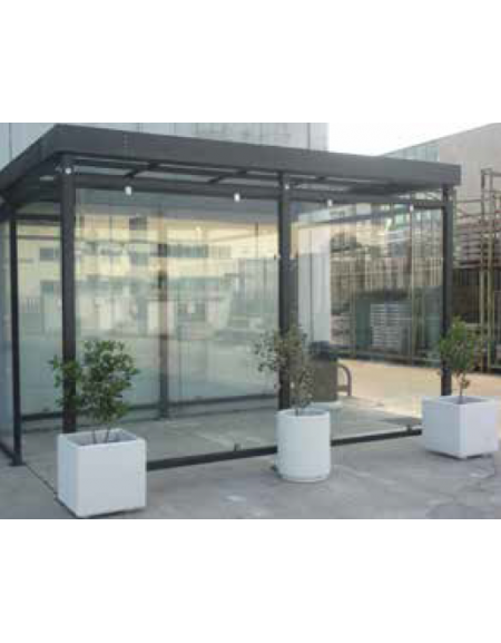 Pensilina smoking in acciaio, pareti vetro e tetto lamiera grecata o policarbonato, chiusa su 3 lati - cm 300x300x280h