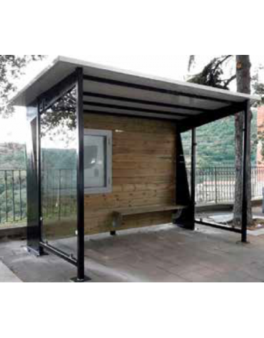 Pensilina in acciaio e legno con copertura in lamiera e parete di fondo rivestita in legno - cm 350x202x243,9h