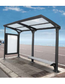 Pensilina bus in acciaio verniciato, tetto in policarbonato alveolare trasparente, parete di fondo in vetro - cm 300,8x181x236,2