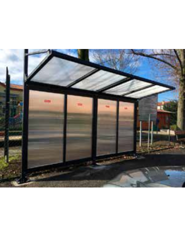 Pensilina monofacciale bus in acciaio verniciato, con tetto e parete di fondo in policarbonato - cm 319,6x150x250h