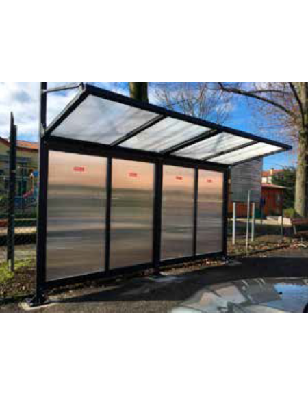 Pensilina bifacciale bus in acciaio verniciato, con tetto e parete di fondo in policarbonato - cm 319,6x300x250h