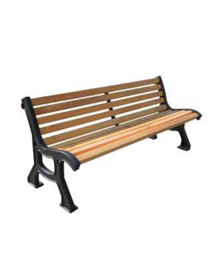 Panchina a 3 posti con struttura in ghisa, seduta e schienale con doghe in legno di pregio esotico. Da tassellare - cm 174x61x71