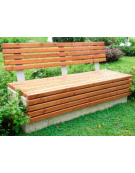 Panchina monoblocco, in calcestruzzo armato,  seduta e schienale con doghe in legno di pino - cm 180x69,4x97h