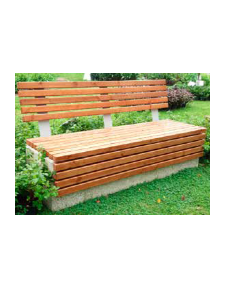 Panchina monoblocco, in calcestruzzo armato,  seduta e schienale con doghe in legno di pino - cm 180x69,4x97h