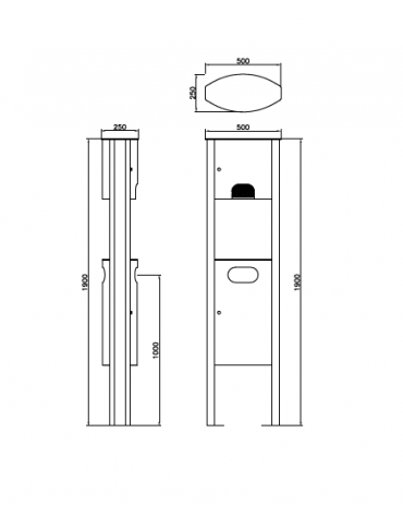 Cestino per la raccolta di deiezioni canine, con distributore sacchetti, di forma ellittica in acciaio zincato e verniciato - cm